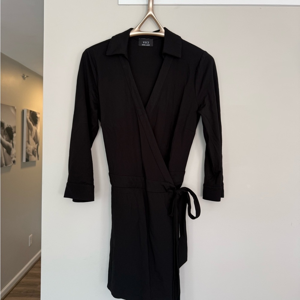 Vici Black Sheath Jumpsuit with Notched Collar and Cuffed Sleeves